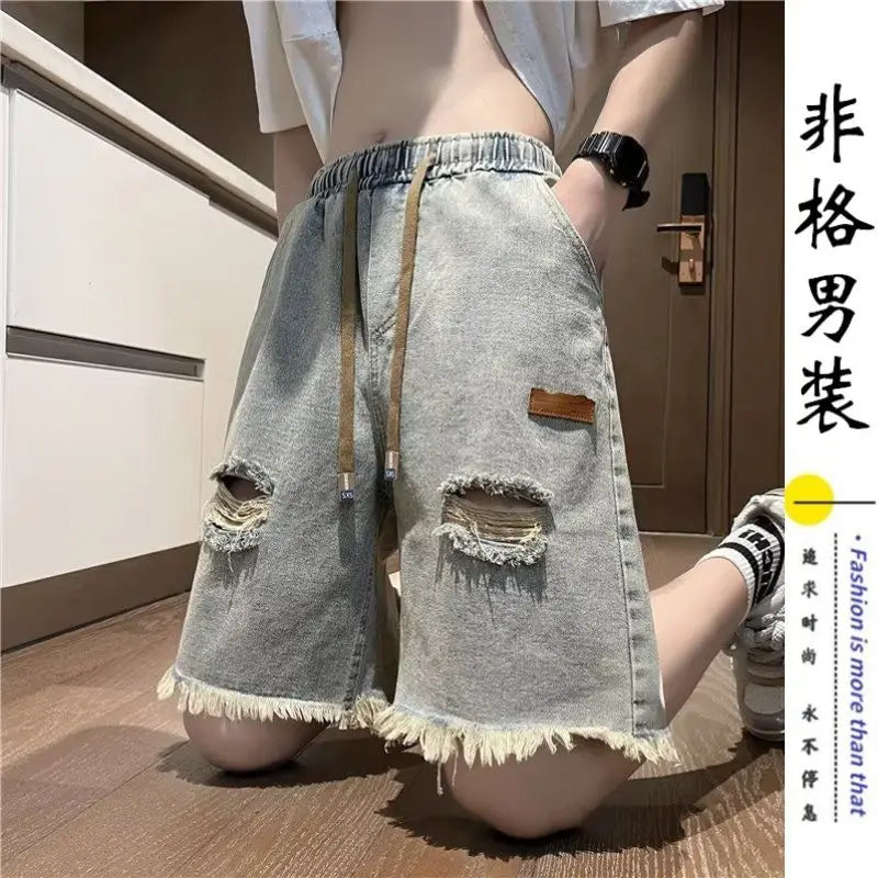 Ripped Denim Shorts Men's Breasted Five-point Design Sense High Street Beggar Medium Pants