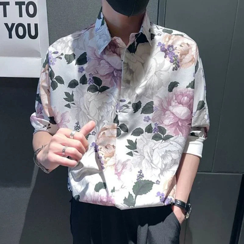 Men's Shirt Half Sleeve White Floral Print Button Up Cotton Sale Fashion 2025 Designer with Sleeves Man Normal Silk Male Shirts