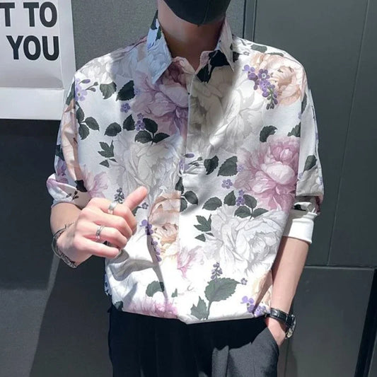 Men's Shirt Half Sleeve White Floral Print Button Up Cotton Sale Fashion 2025 Designer with Sleeves Man Normal Silk Male Shirts