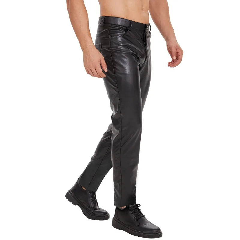 Black Matte Faux Leather Pant Men Slim Fit Pencil Pants Skinny PU Trousers Motorcycle Style Trousers Chic Straight Pant Leggings