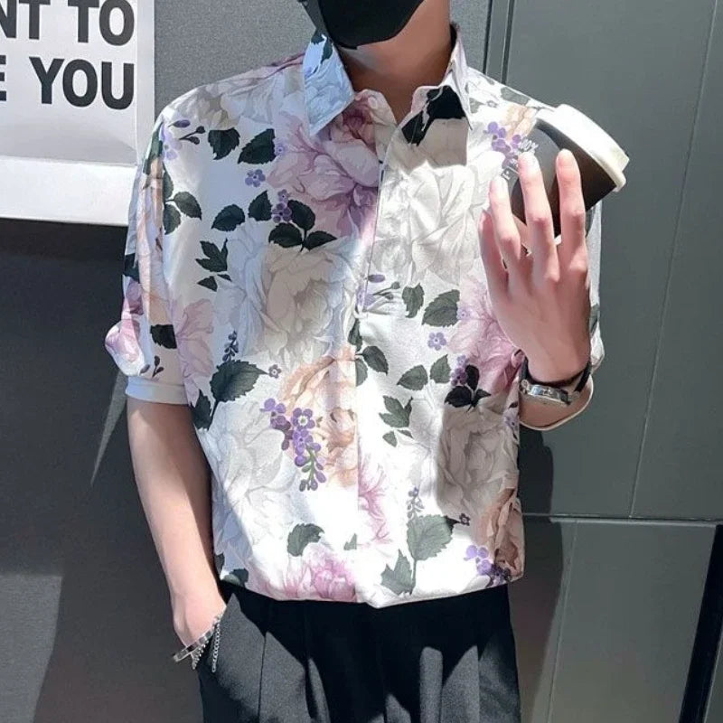 Men's Shirt Half Sleeve White Floral Print Button Up Cotton Sale Fashion 2025 Designer with Sleeves Man Normal Silk Male Shirts