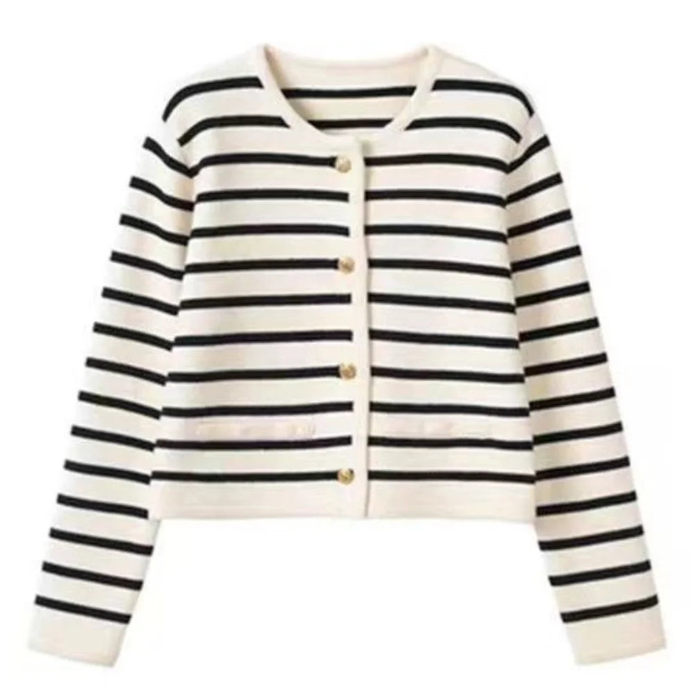 Korean Elegant Chic Knit Vest Stripe Casual Sweet Office Lady Cardigan Women's Sweater Jacket Vintage Basic Tank Top Outerwears