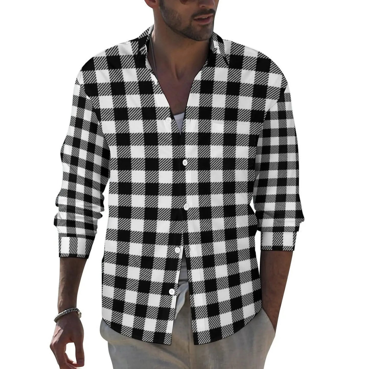 Black Checkerboard Shirt Men Classic Black and White Checker Casual Shirts Autumn Blouses Long Sleeve Fashion Oversized Clothing