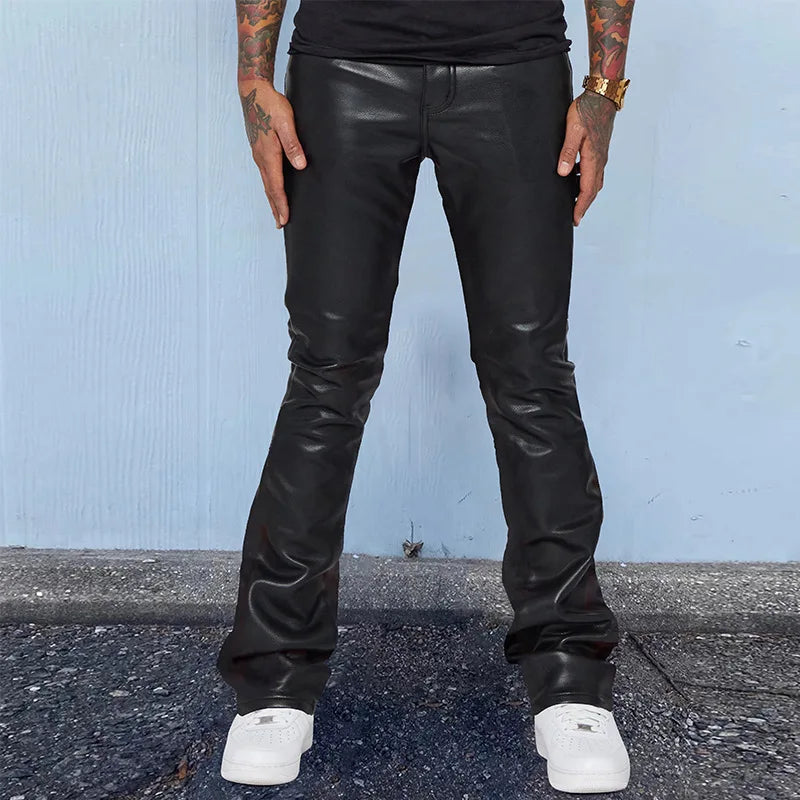Leather Pants Men Long Pant Solid Mid Waist Casual Regular Pleated Splice Straight Trousers Button Pocket Autumn Winter