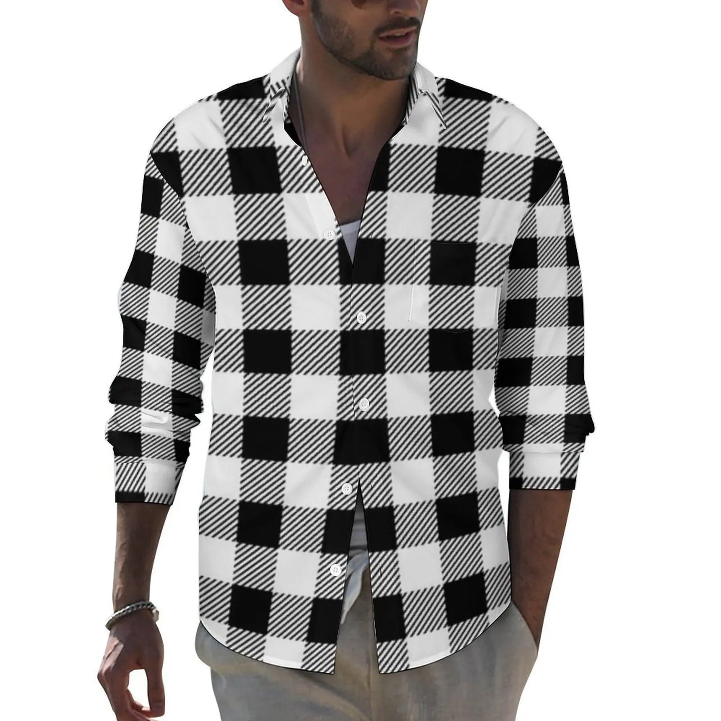 Black Checkerboard Shirt Men Classic Black and White Checker Casual Shirts Autumn Blouses Long Sleeve Fashion Oversized Clothing