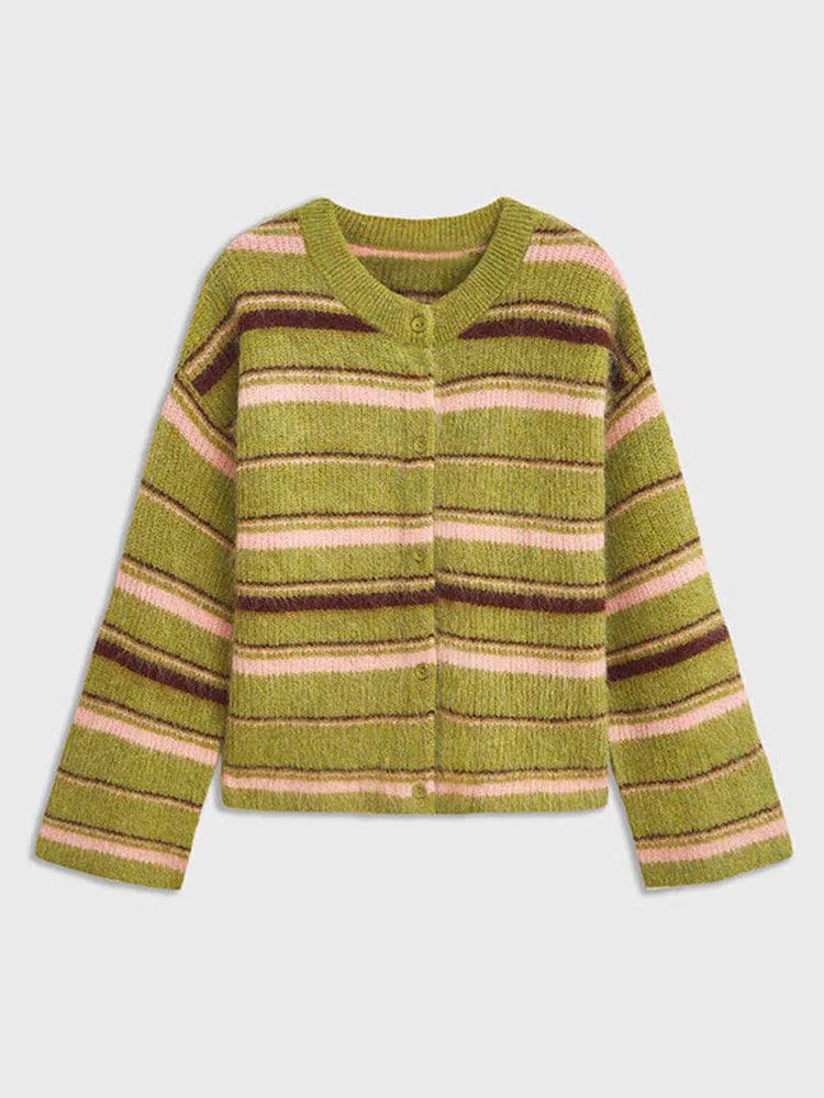 Elegant Stripe V Neck Women Sweater Single Breasted Loose Knitted Lady Cardigan 2024 Autumn Elegant Full Sleeve Female Coat