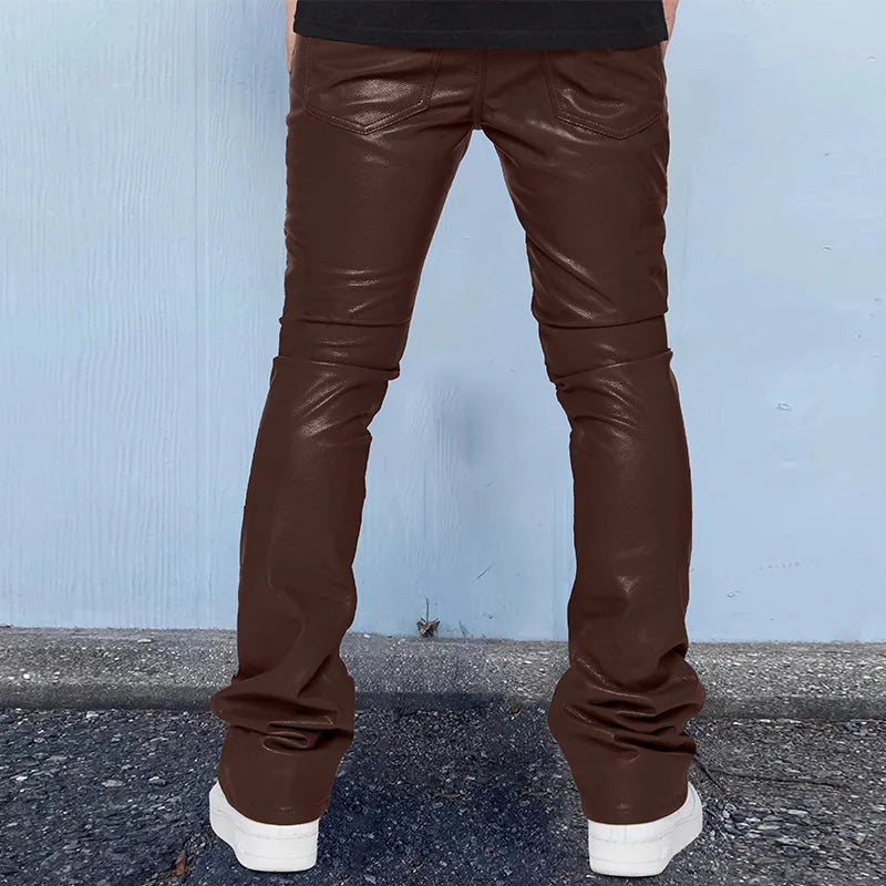 Leather Pants Men Long Pant Solid Mid Waist Casual Regular Pleated Splice Straight Trousers Button Pocket Autumn Winter