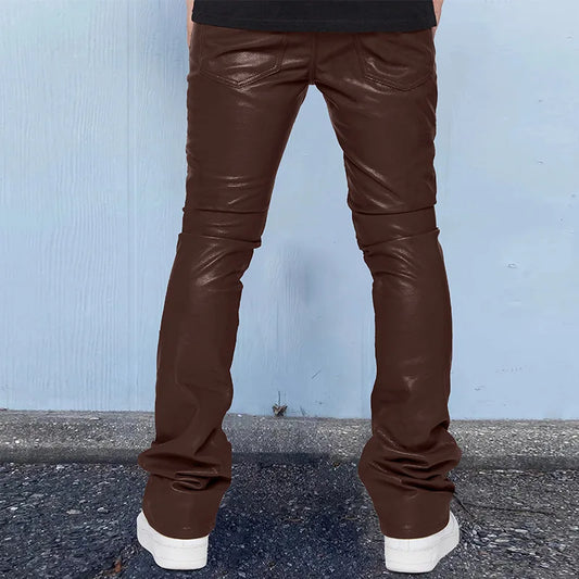 Leather Pants Men Long Pant Solid Mid Waist Casual Regular Pleated Splice Straight Trousers Button Pocket Autumn Winter