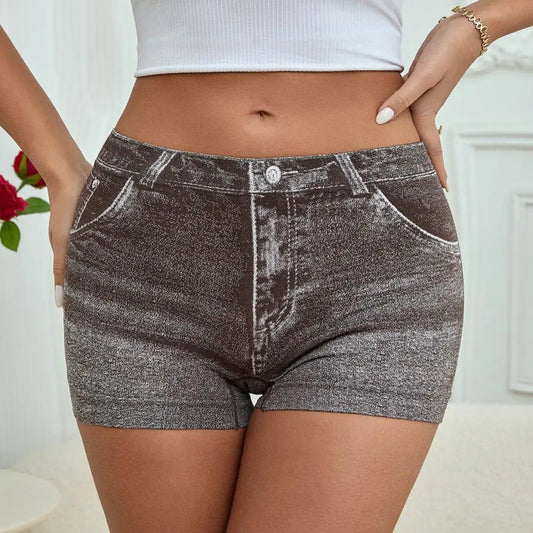 Women Shorts High Stretchy Imitation Denim Short Leggings with Pockets Tight Fitting Summer Shorts Daily Wear
