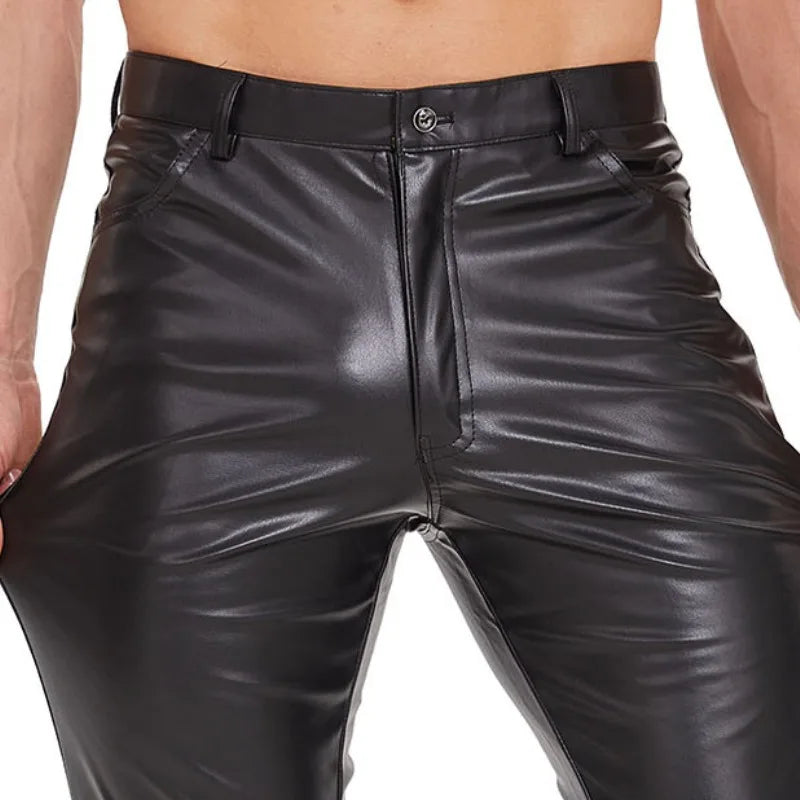 Black Matte Faux Leather Pant Men Slim Fit Pencil Pants Skinny PU Trousers Motorcycle Style Trousers Chic Straight Pant Leggings