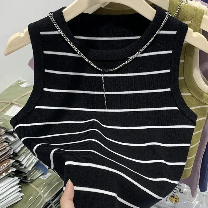 Korean Elegant Chic Knit Vest Stripe Casual Sweet Office Lady Cardigan Women's Sweater Jacket Vintage Basic Tank Top Outerwears
