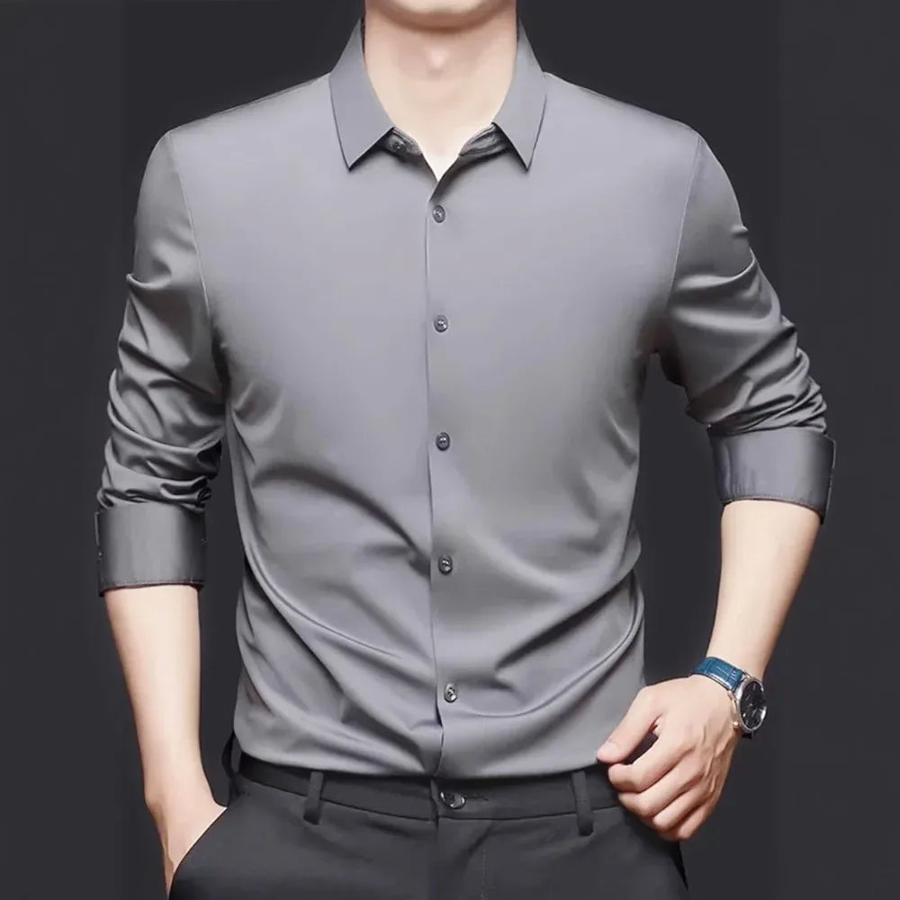 Spring and summer seamless high elasticity men's shirt long sleeved business casual wrinkle free shirt men's silky smooth shirt