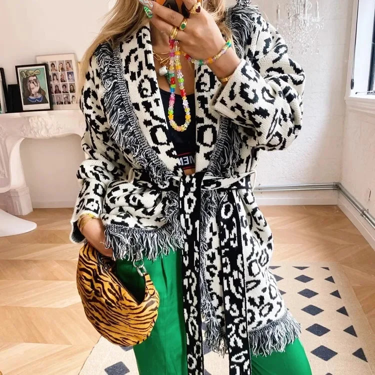 Hand-made cardigan jacquard cardigan fringed trims long sleeve cardigan women winter clothes women