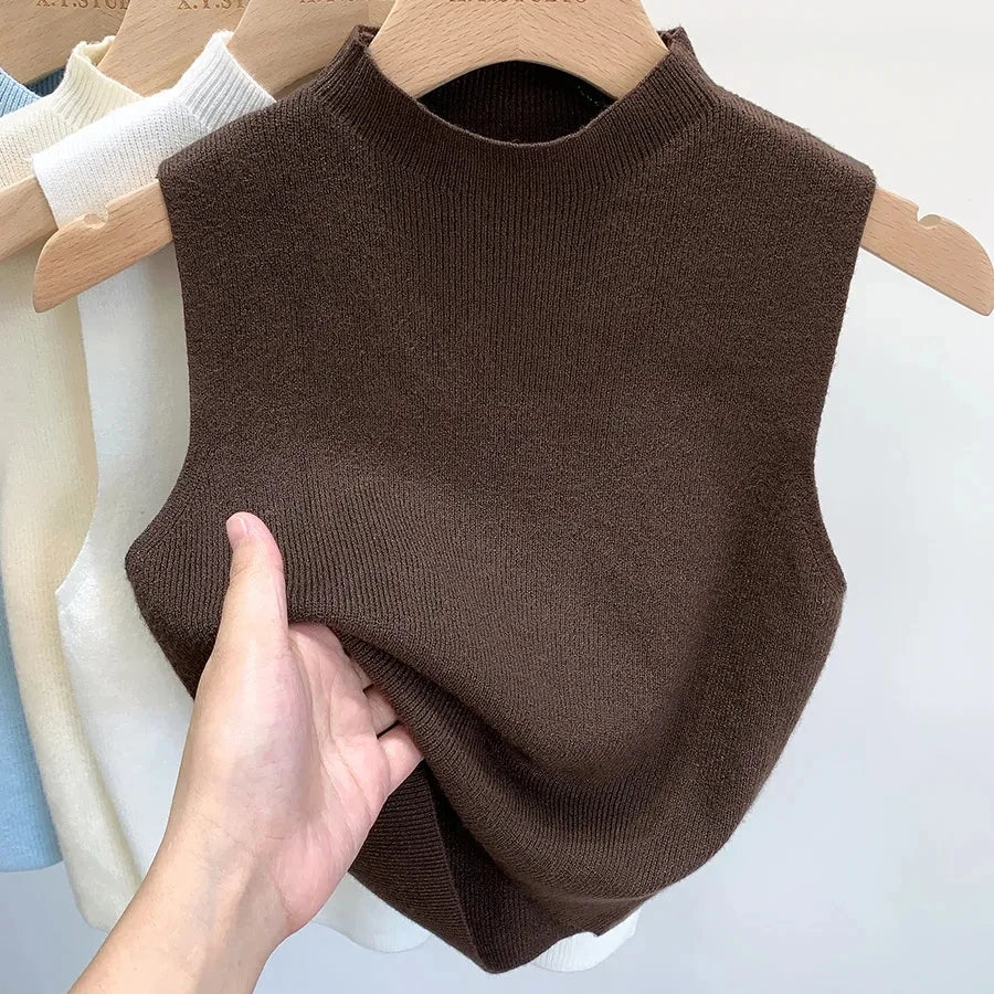 Spring Autumn Temperament Knitted Sweater Vest Women's Half-turtleneck Camisole Cropped Top Sleeveless Tank Top