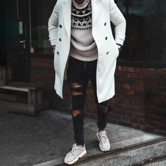 Fashion Men Woolen Coat  New Solid Casual Lapel Double-breasted Coat Woolen Coat Men  Long Sleeve Cardigan Overcoat Tops