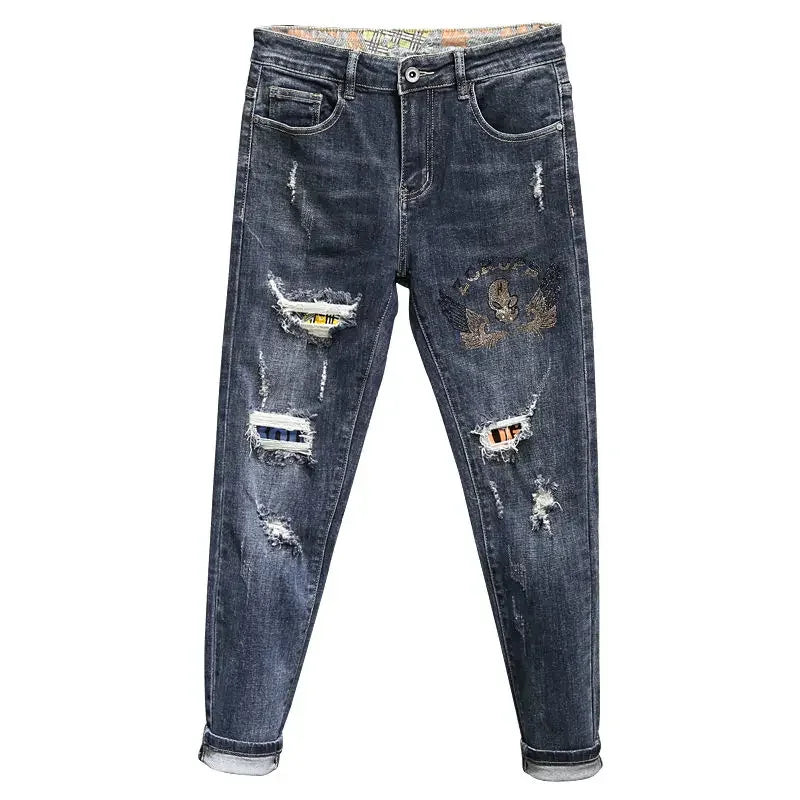 Tapered Jeans for Men Ripped Black Trousers with Holes Torn Man Cowboy Pants Broken Classic Clothes Y2k 2000s High Quality Kpop