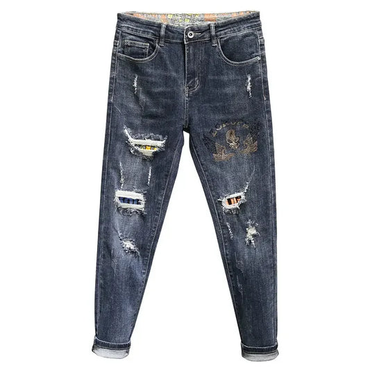 Tapered Jeans for Men Ripped Black Trousers with Holes Torn Man Cowboy Pants Broken Classic Clothes Y2k 2000s High Quality Kpop