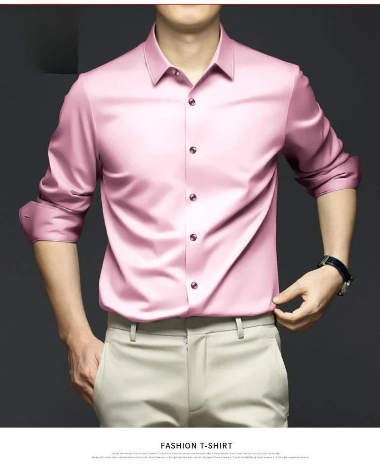 Spring and summer seamless high elasticity men's shirt long sleeved business casual wrinkle free shirt men's silky smooth shirt