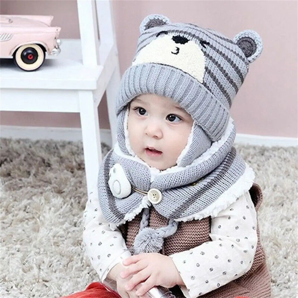 Warm Toddler Baby Winter Boys Girl Neck Scarf Baby Beanie Cap Kids Hat Scarf Set Bear Earmuff