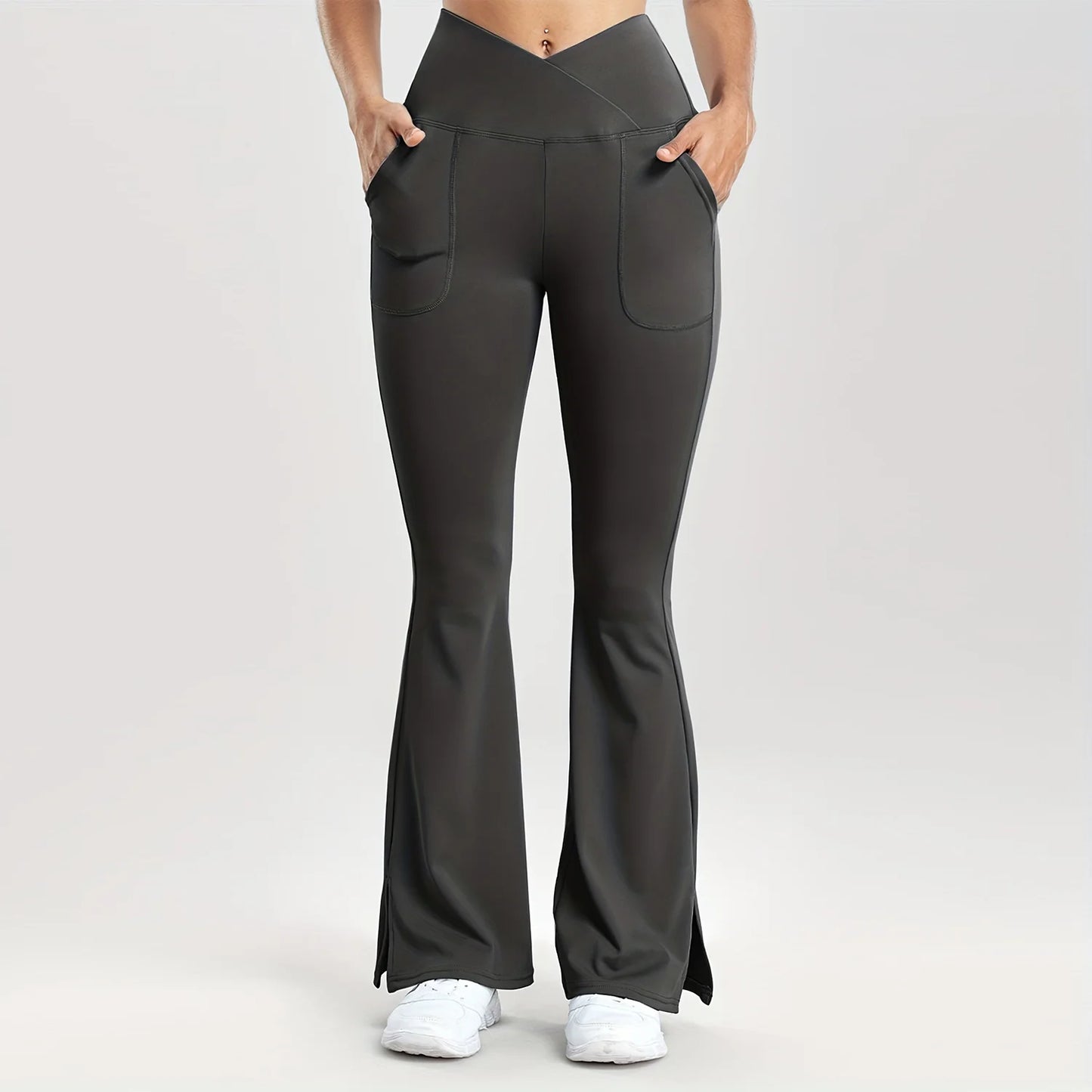 Women Casual Solid V-Waist Pocket Side Vent  Flared Leggings Slim Fit  Fashion Streetwear Lady Pants