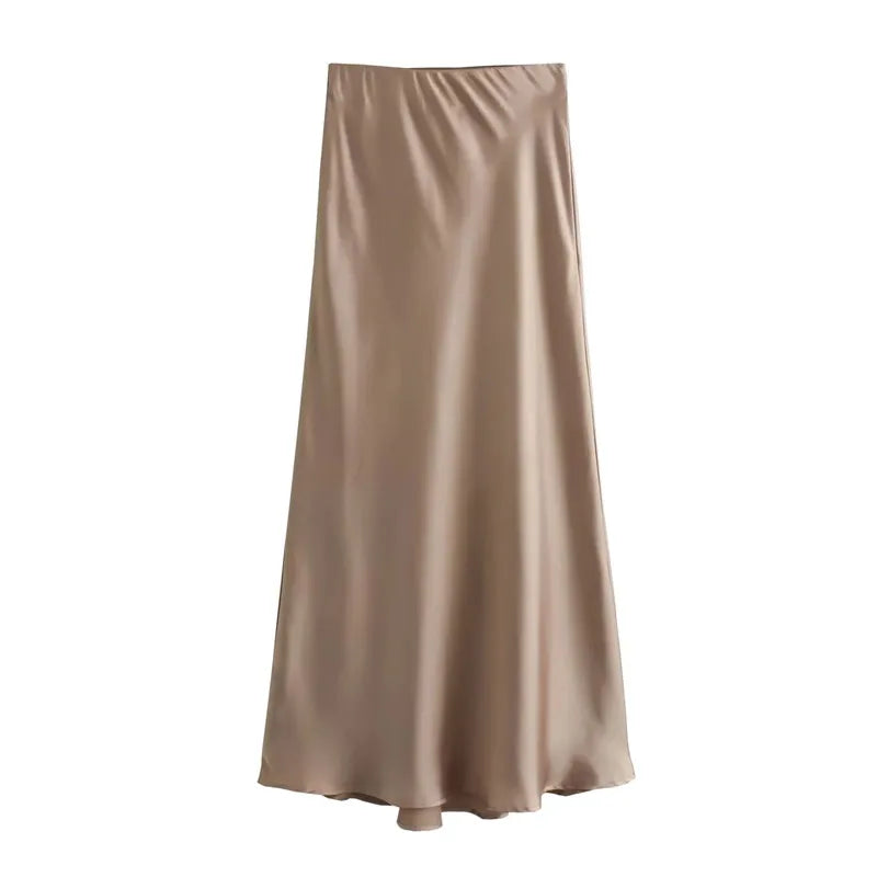 MUJER Satin Long Skirts for Women Draped High Waist Midi Skirt Woman Summer Straight Women's Skirt Holiday Beach Women Skirt