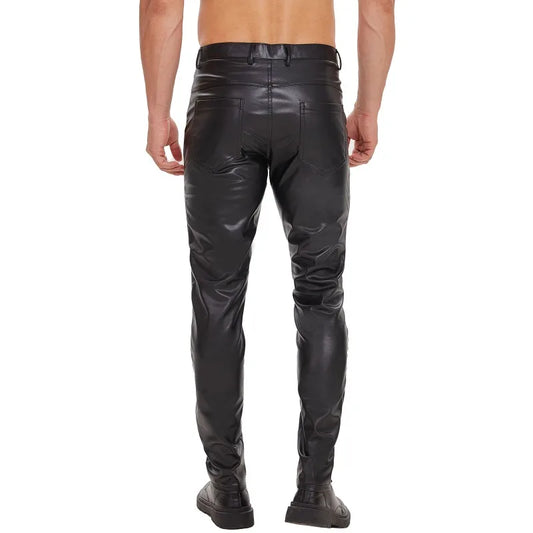 Black Matte Faux Leather Pant Men Slim Fit Pencil Pants Skinny PU Trousers Motorcycle Style Trousers Chic Straight Pant Leggings