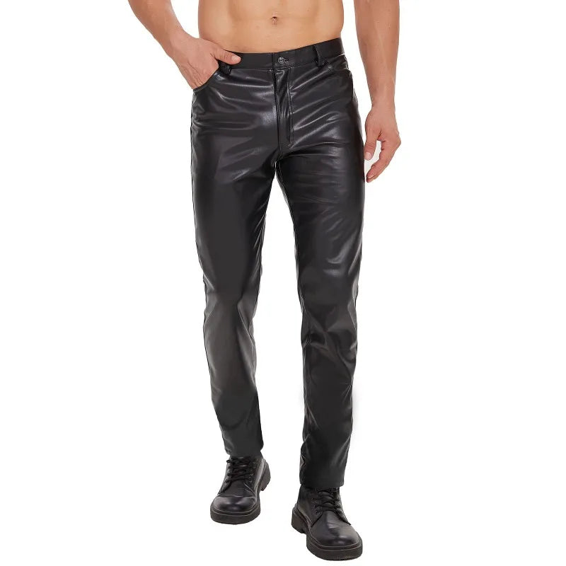 Black Matte Faux Leather Pant Men Slim Fit Pencil Pants Skinny PU Trousers Motorcycle Style Trousers Chic Straight Pant Leggings