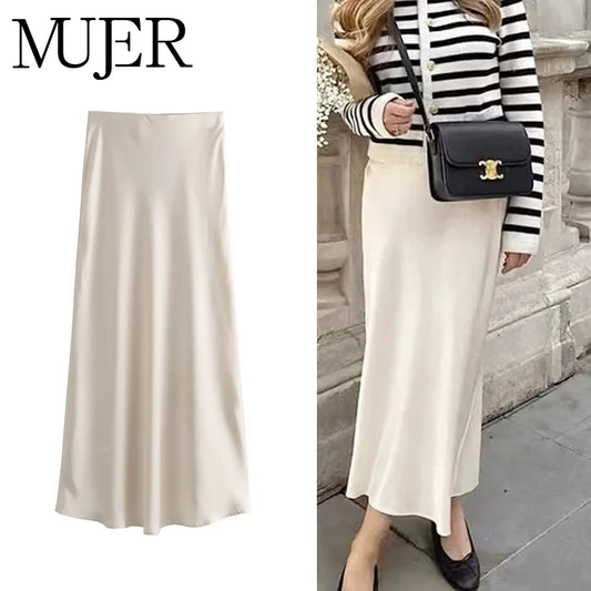 MUJER Satin Long Skirts for Women Draped High Waist Midi Skirt Woman Summer Straight Women's Skirt Holiday Beach Women Skirt