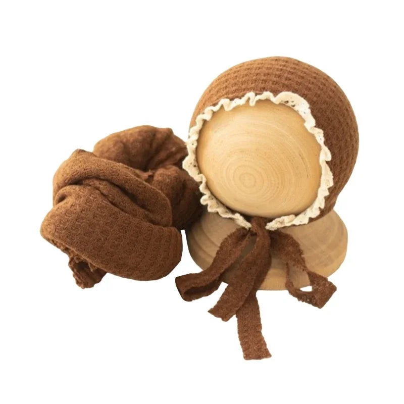 Baby Beanie Hat Boy Girl Lace Hat+Stretch Wrap Blanket Newborn Photography Props Cap