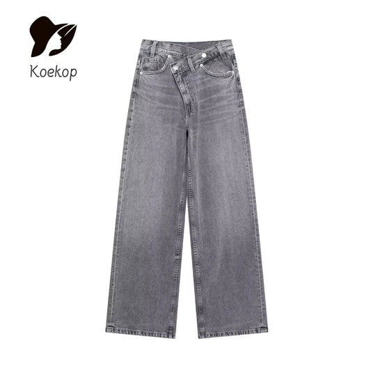 Koekop 2025 Women's Fashion Solid Color Double Breasted High Waist Wide Leg Jeans Vintage Casual Women's Chic Lady Jeans