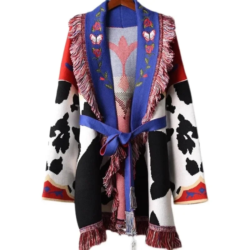 Hand-made cardigan jacquard cardigan fringed trims long sleeve cardigan women winter clothes women