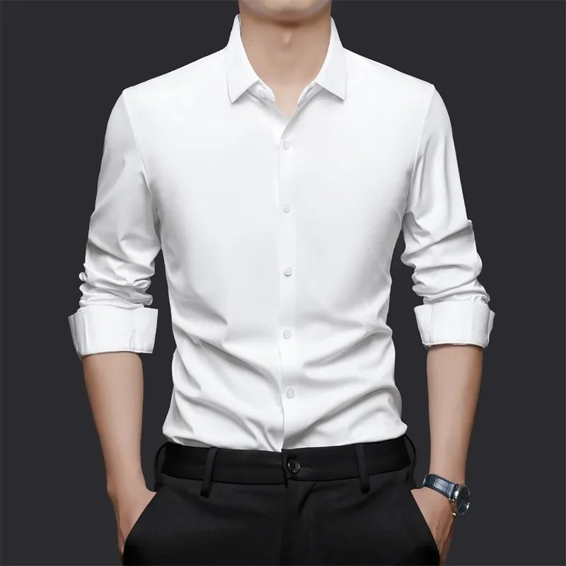 Spring and summer seamless high elasticity men's shirt long sleeved business casual wrinkle free shirt men's silky smooth shirt