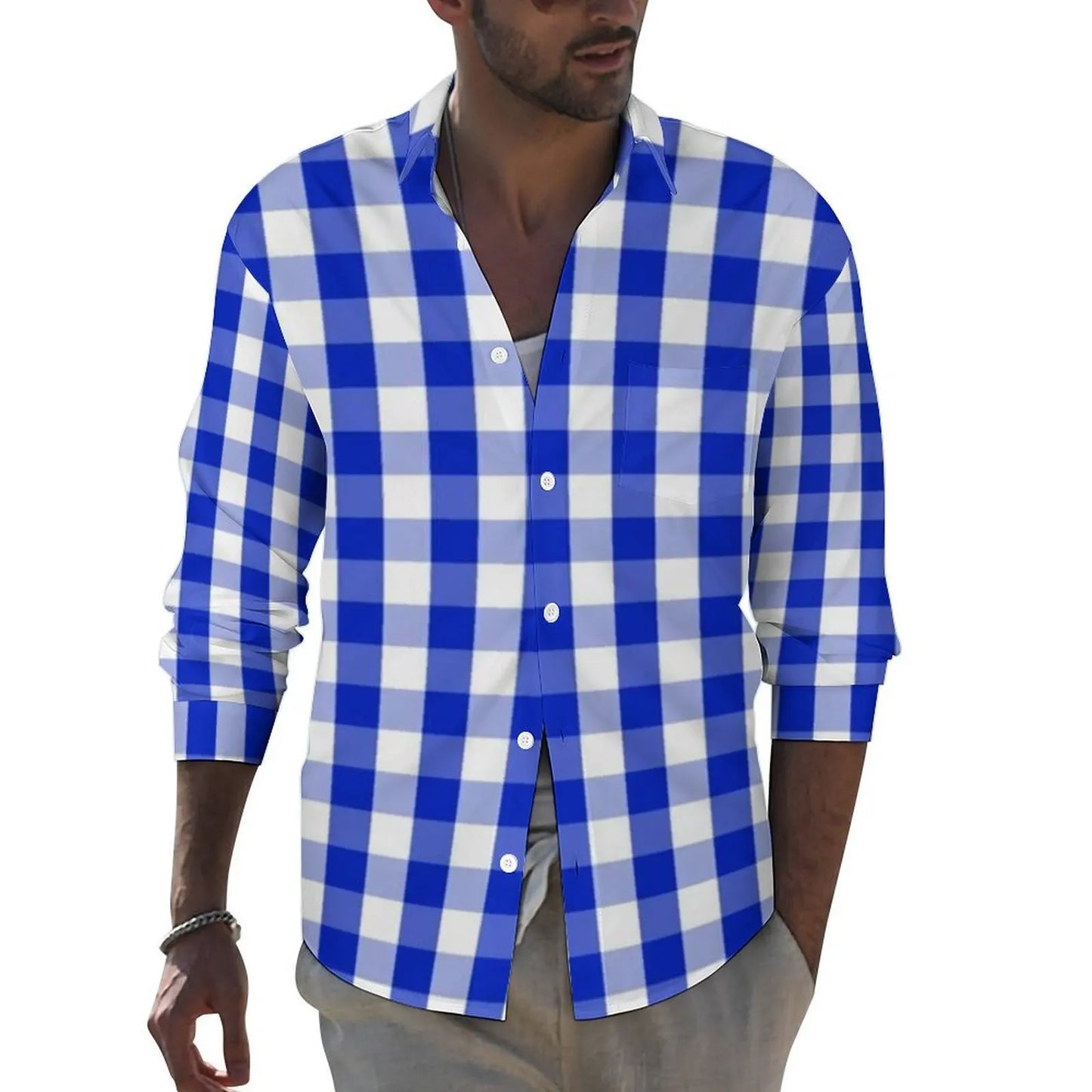 Black Checkerboard Shirt Men Classic Black and White Checker Casual Shirts Autumn Blouses Long Sleeve Fashion Oversized Clothing