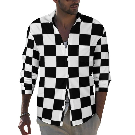 Black Checkerboard Shirt Men Classic Black and White Checker Casual Shirts Autumn Blouses Long Sleeve Fashion Oversized Clothing