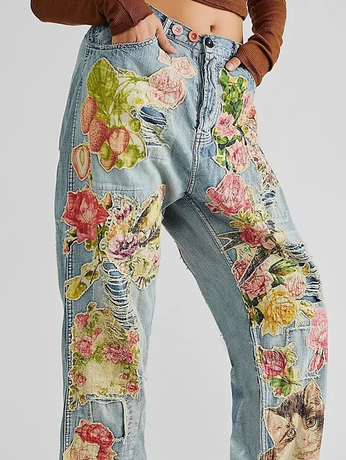 Elegant Women's Jeans Cat Printed Sexy Fashion Ripped Hollow High -Waisted Straight Straight Lady Jeans Trousers