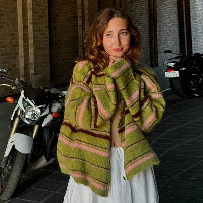 Elegant Stripe V Neck Women Sweater Single Breasted Loose Knitted Lady Cardigan 2024 Autumn Elegant Full Sleeve Female Coat