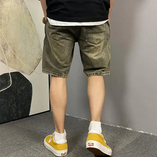 Men's New Button Zipper Pocket Straight Loose Five-point Casual Wash Retro Yellow Mud Ripped Denim Shorts