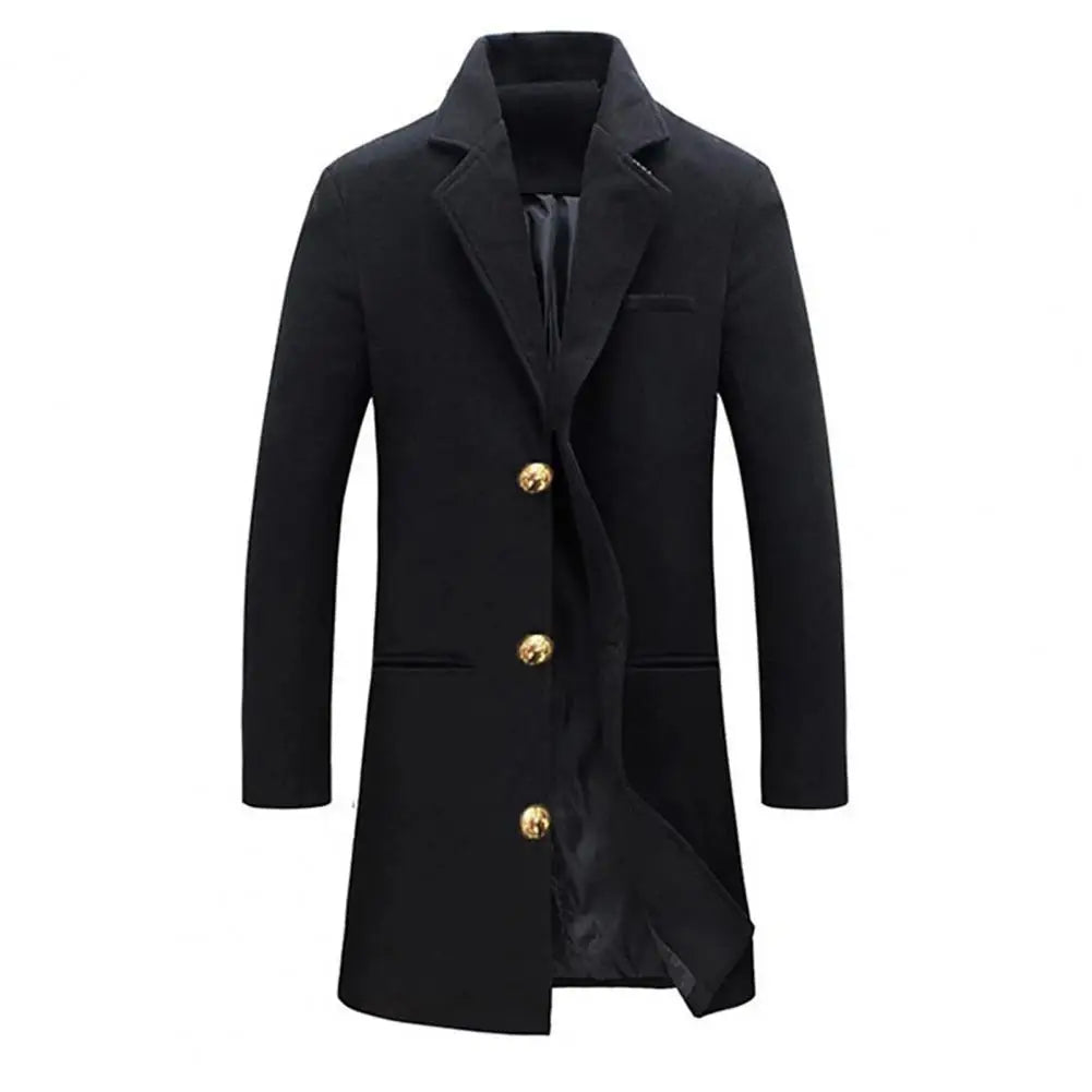 Woolen Coat Men Jacket Elegant Men's Woolen Coat with Lapel Pockets Single Breasted Long Sleeve Jacket Solid Color for Winter