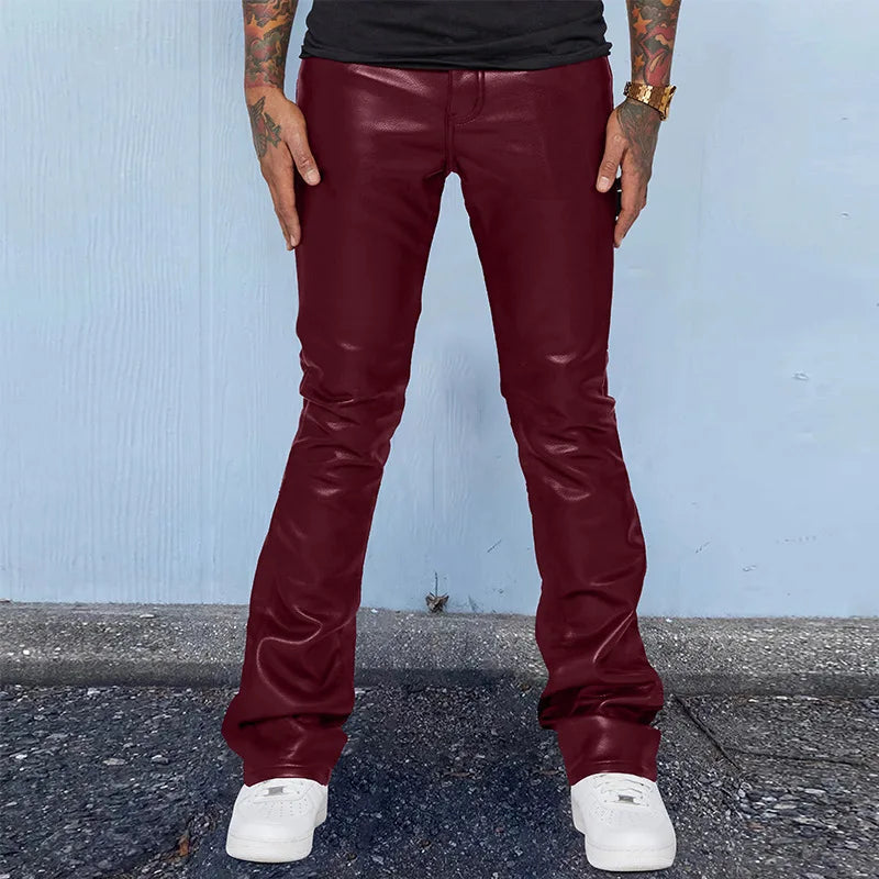 Leather Pants Men Long Pant Solid Mid Waist Casual Regular Pleated Splice Straight Trousers Button Pocket Autumn Winter