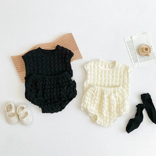 MILANCEL Summer Baby Clothing Set Sleeveless Tops Solid Blommer 2 Pcs Baby Suit