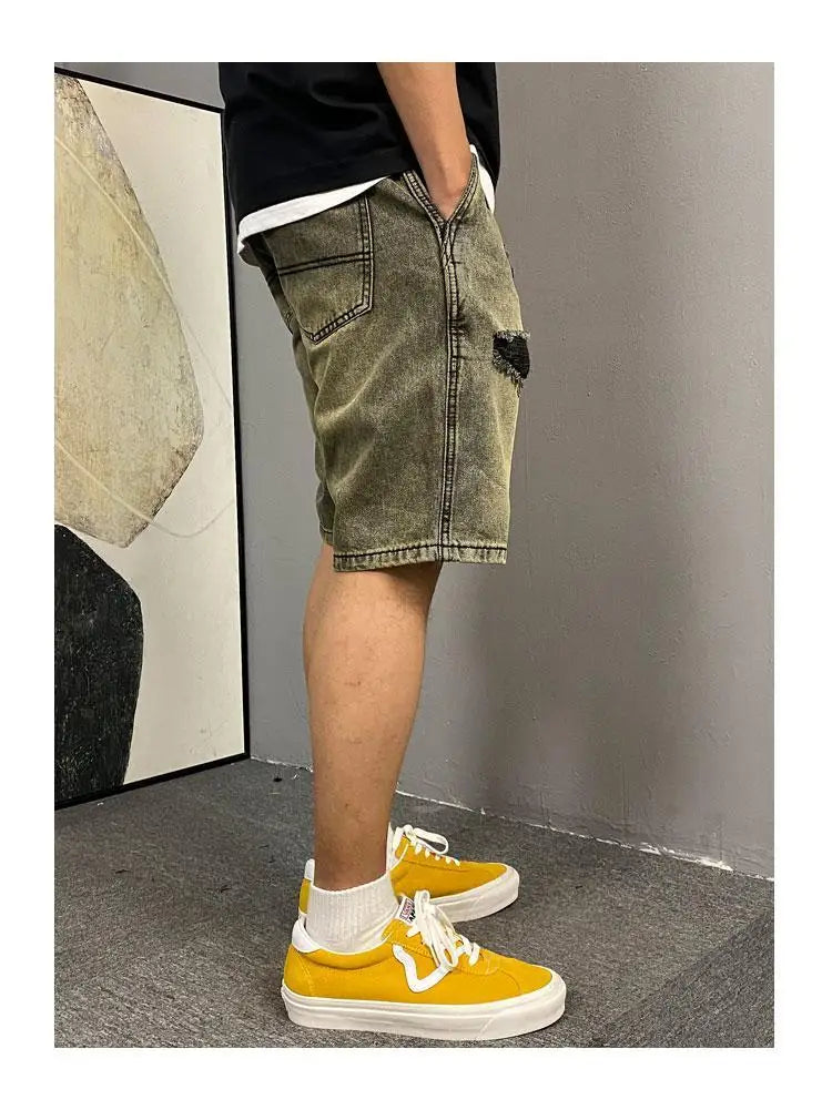 Men's New Button Zipper Pocket Straight Loose Five-point Casual Wash Retro Yellow Mud Ripped Denim Shorts