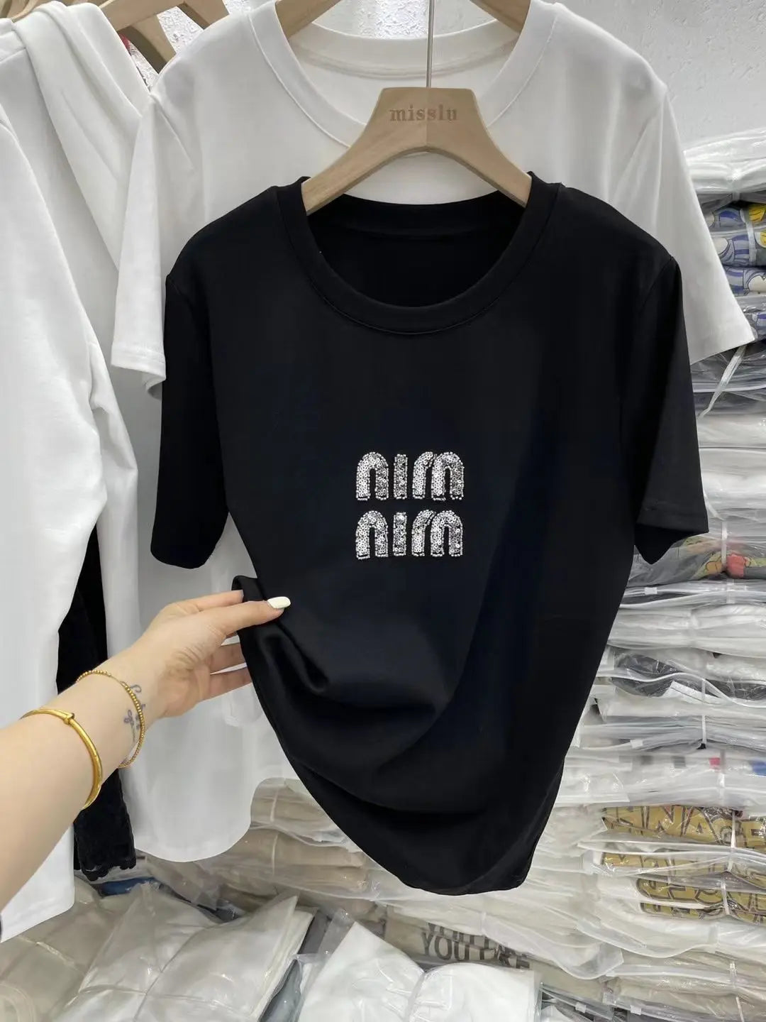 Women's Bead New Round Neck Heavy Industry Short Sleeve Summer T-shirt Fashion Casual Lady T-shirt