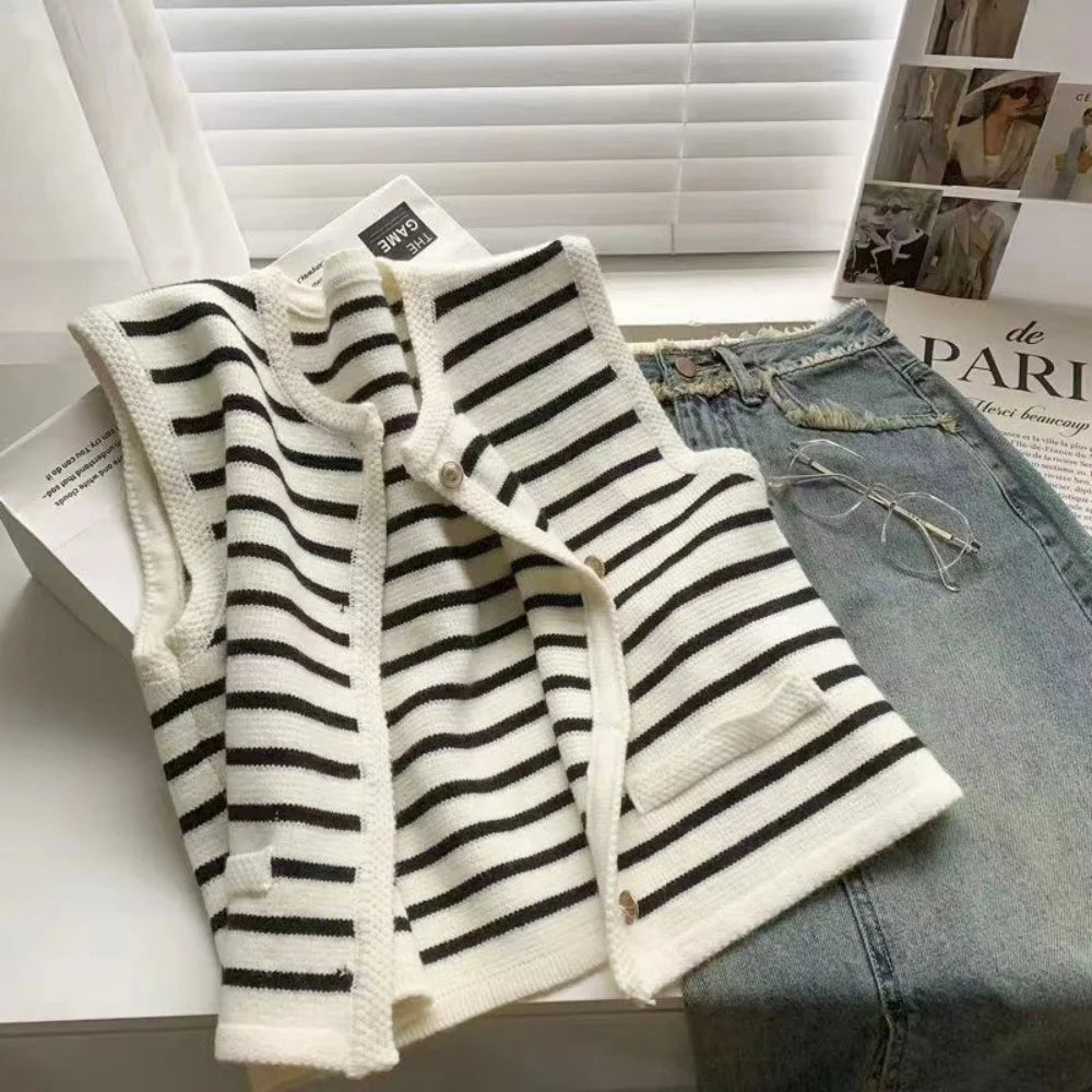 Korean Elegant Chic Knit Vest Stripe Casual Sweet Office Lady Cardigan Women's Sweater Jacket Vintage Basic Tank Top Outerwears