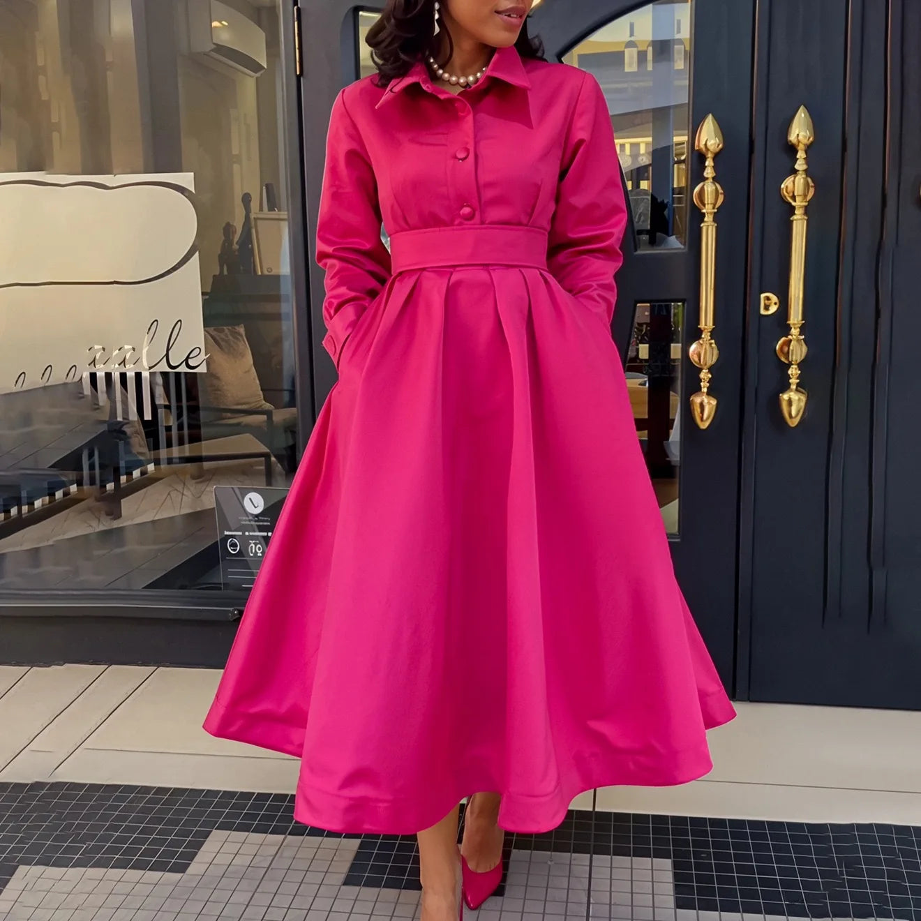 Elegant Party Dresses for Woman Turn Down Collar Single Breasted High Waisted Pleated Mid Calf Luxury Dinner Night Dress Gowns