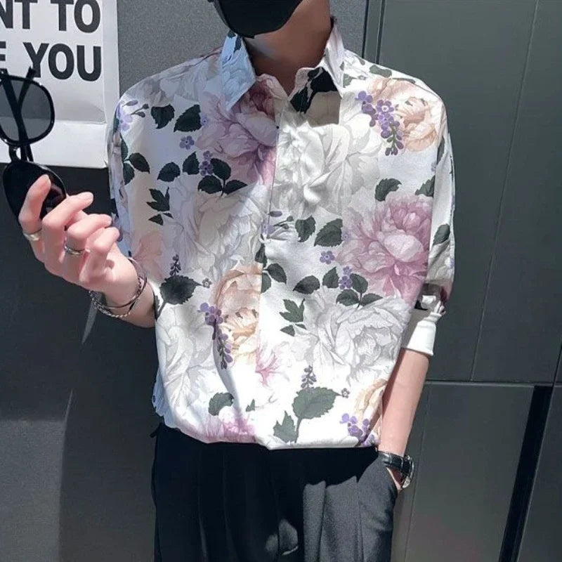 Men's Shirt Half Sleeve White Floral Print Button Up Cotton Sale Fashion 2025 Designer with Sleeves Man Normal Silk Male Shirts