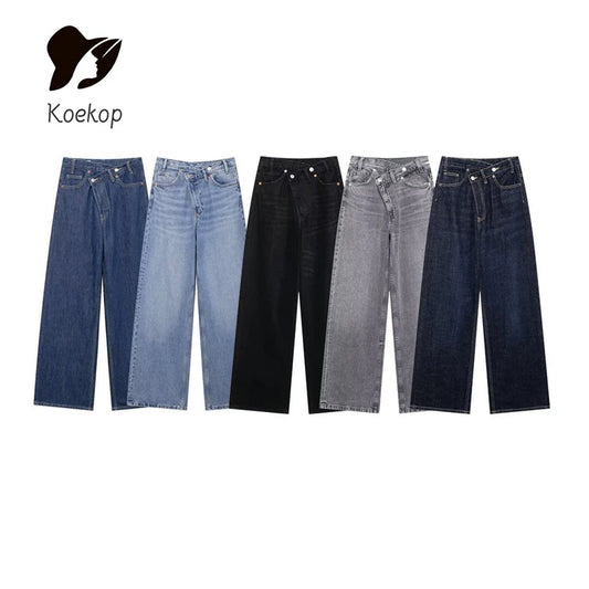 Koekop 2025 Women's Fashion Solid Color Double Breasted High Waist Wide Leg Jeans Vintage Casual Women's Chic Lady Jeans