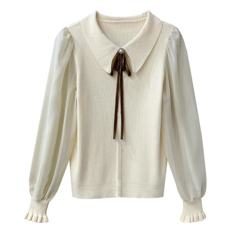 HELIAR Women Chiffon Patchwork Sweater Lantern Sleeve Turn-down Collar Pullover Office Lady Sweater For Women 2024 Autumn