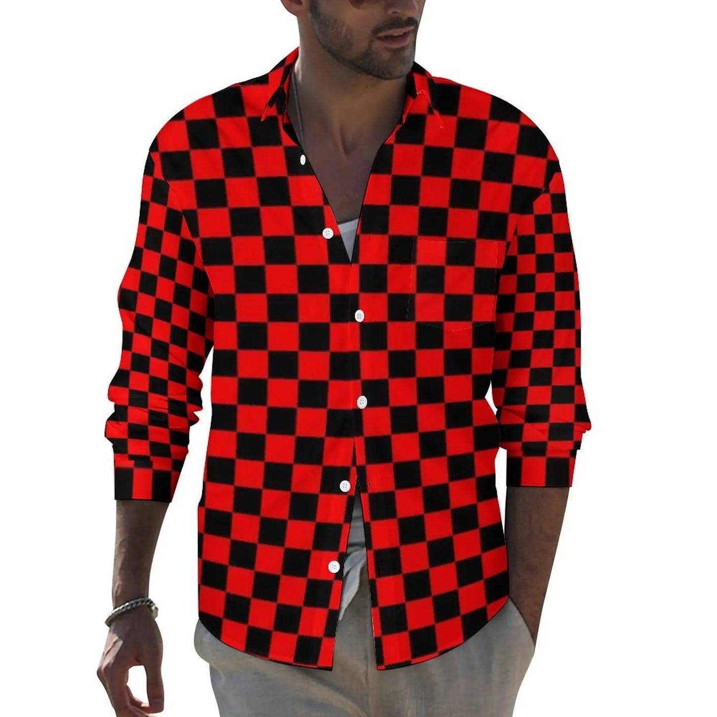 Black Checkerboard Shirt Men Classic Black and White Checker Casual Shirts Autumn Blouses Long Sleeve Fashion Oversized Clothing