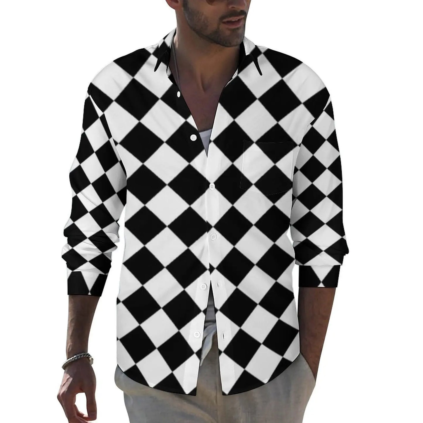 Black Checkerboard Shirt Men Classic Black and White Checker Casual Shirts Autumn Blouses Long Sleeve Fashion Oversized Clothing