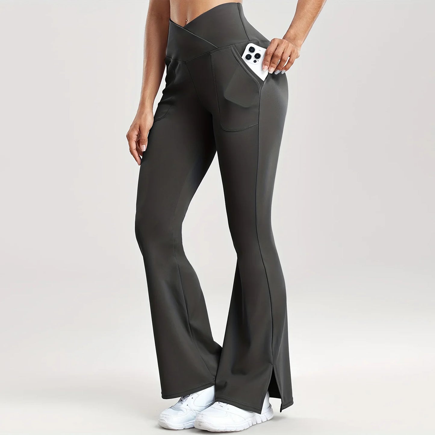 Women Casual Solid V-Waist Pocket Side Vent  Flared Leggings Slim Fit  Fashion Streetwear Lady Pants